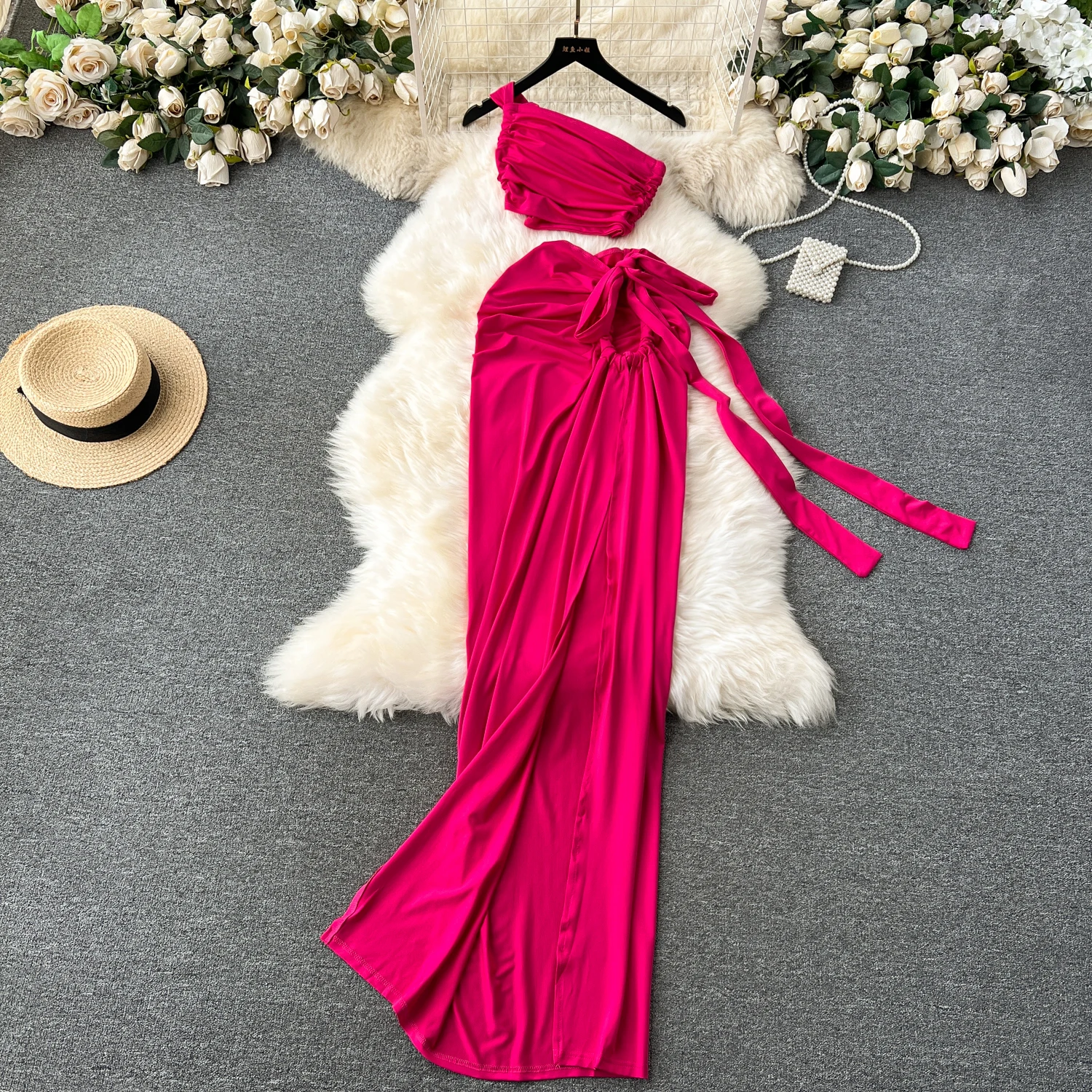 

Sexy Sleeveless Diagonal Shoulder Chic Pleated Slim Tank Top High Waist Split Bandage Long Skirt Beach Vacation High Street Sets