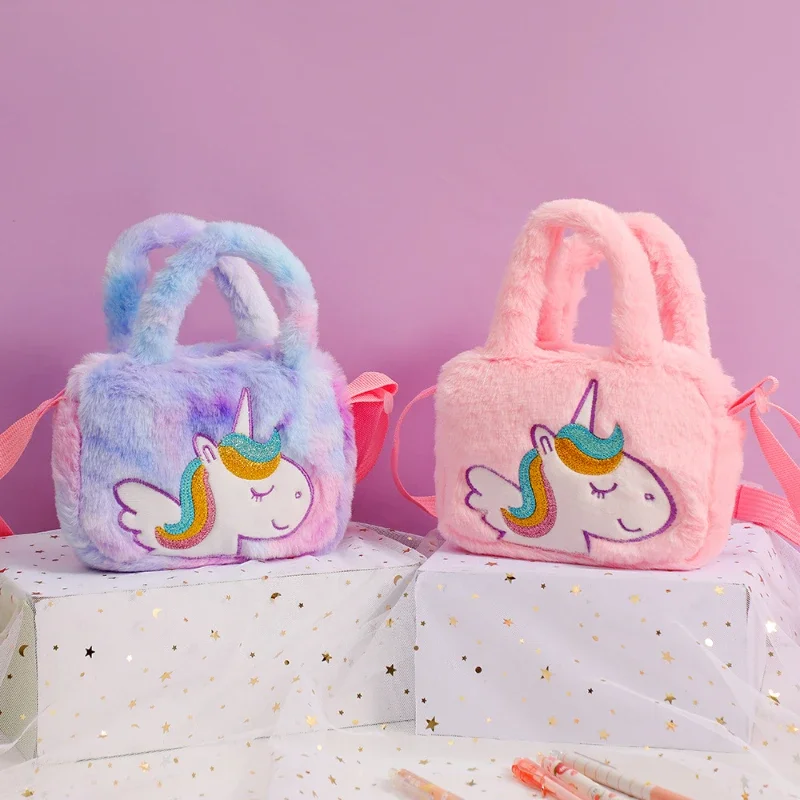 Children Plush Backpack Cartoon Shoulder Bag Cute Unicorn Embroidered Handbag Kindergarten Girl Snack Bag