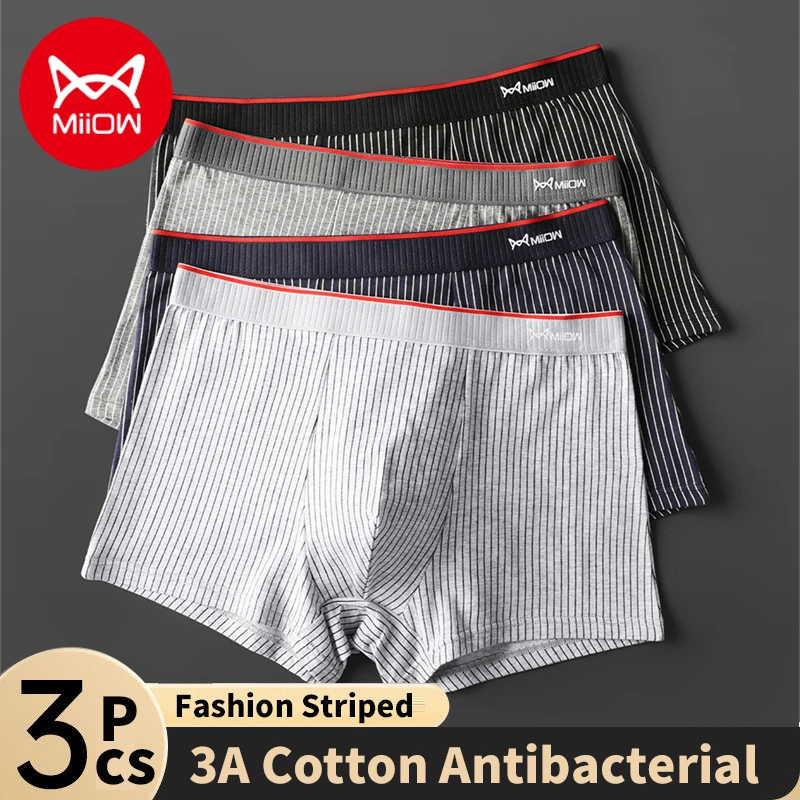 MiiOW 3pcs Cotton Men\'s Panties Mulberry Silk 3A Antibacterial Man Underwear Boxershorts Fashion Striped Underpants Male Boxers