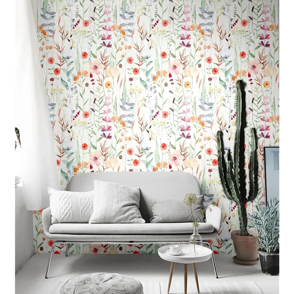 ورق جدران بألوان مائية قابل للإزالة مع أوراق طازجة وزهور متعددة الألوان قابلة للتقشير واللصق للجدران