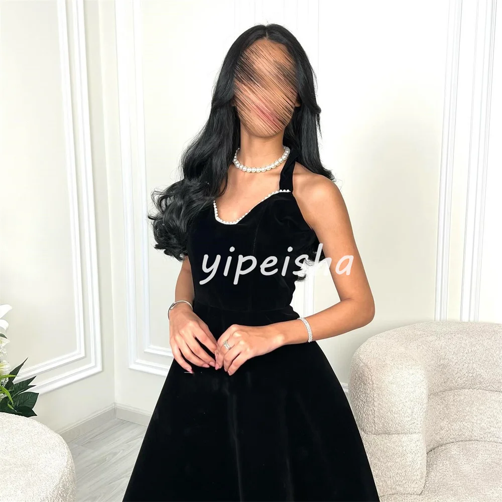 Customized Exquisite Elegant Velour Pearl Pleat A-line Halter Long Dresses Bespoke Occasion Dresses High Quality Sizes Available