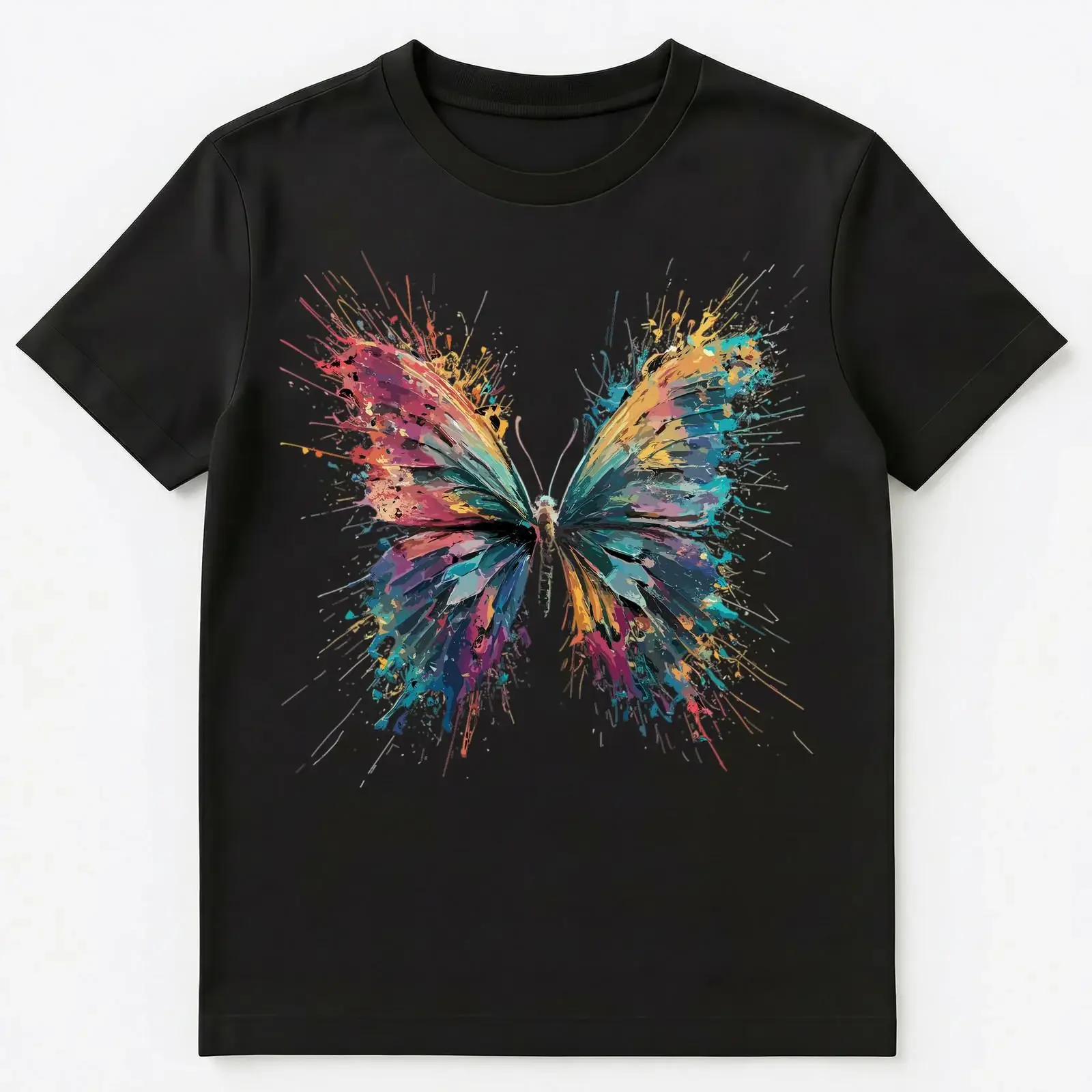 T-Shirt mit Farbspritzer-Motiv, süße Schmetterlingskunst-Grafik, Vintage-Look, gewaschen, lässig, leicht weich, stilvolle Designerkleidung