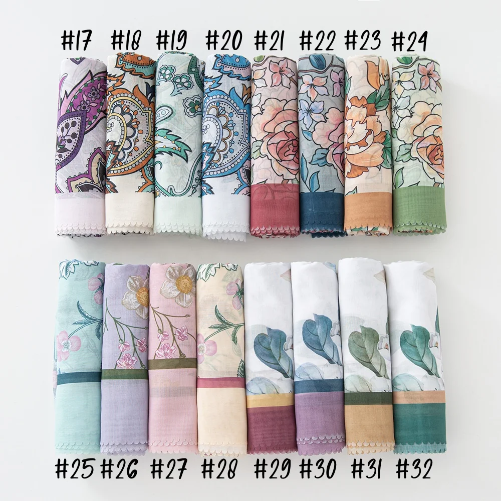 51Colors Malaysia Tudung Bawal Flower Print Hijab Laser Cut Edge Headscarf Premium Cotton Voile Soft Fashion Muslim Square Scarf