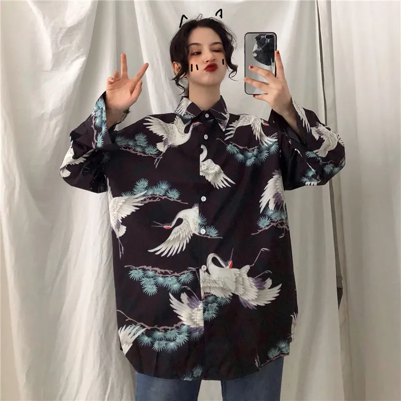 Chinese Style Women Blouses 2024 Spring Summer Shirts Long Sleeve Harajuku Vintage Chic Crane Printed Blusas Daily Streetwear