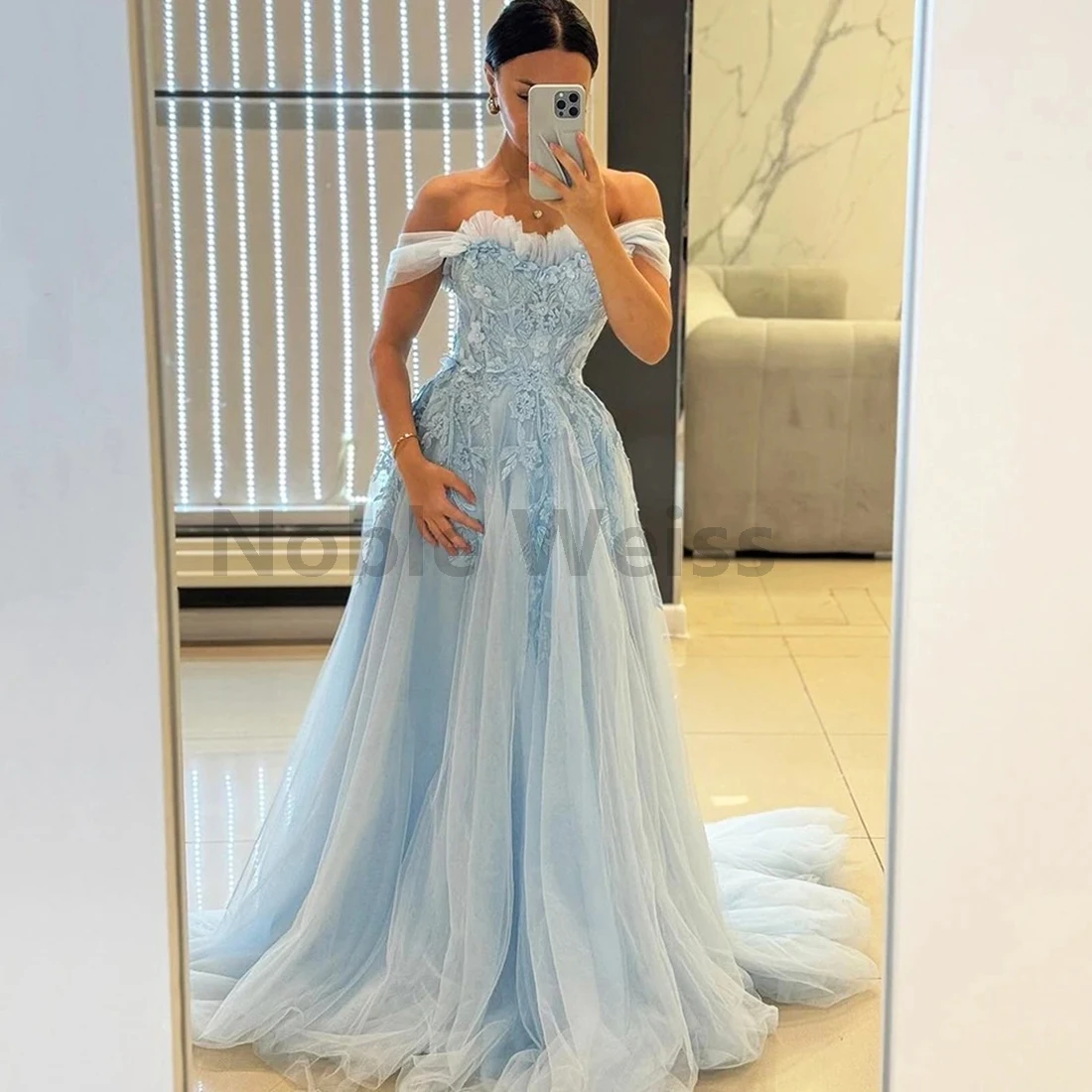 Schulterfreies Tüll-Abendkleid mit Blumenapplikationen, A-Linie, für Damen, Hochzeit, Party, individuell anpassbar