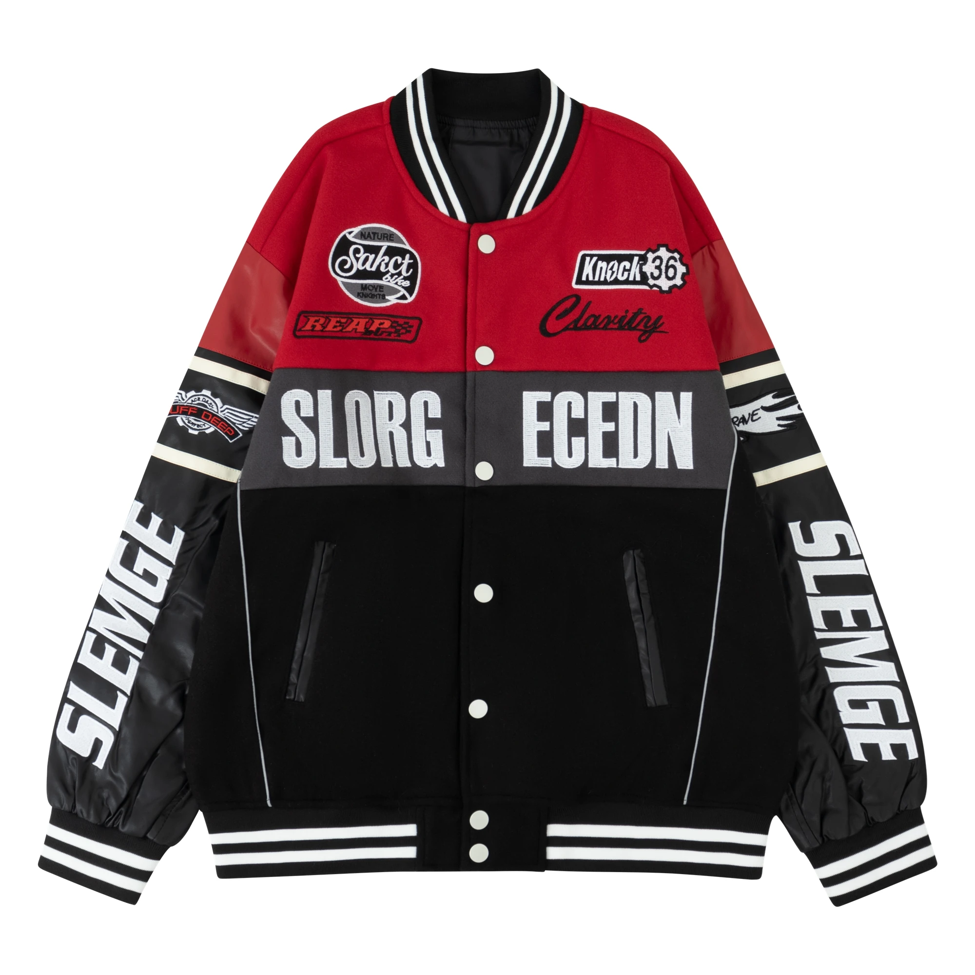 

Men's Vintage Wool+Leather Motorcycle Jacket Coats Reflective Strip Design Varsity Baseball Outerwear for Fall&winter