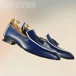 Granatowe frędzle Decor Square Toe Men Loafers Fashion Slip On Men Shoes Luxurious Handmade Party Office Banquet Men Dress Shoes