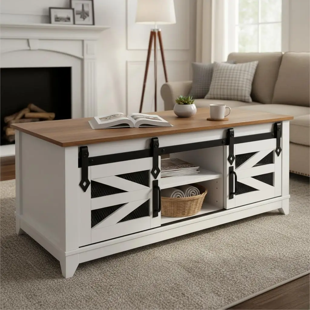 

Прямоугольный деревянный стол-трансформер 48 дюймов для гостиной, спальни, квартиры с раздвижными дверями-амбарными и двойным ярусом хранения