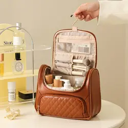 Borsa per il lavaggio da viaggio di grande capacità in pelle PU borsa per cosmetici da appendere impermeabile borsa da toilette per il bagno dell'organizzatore di trucco portatile