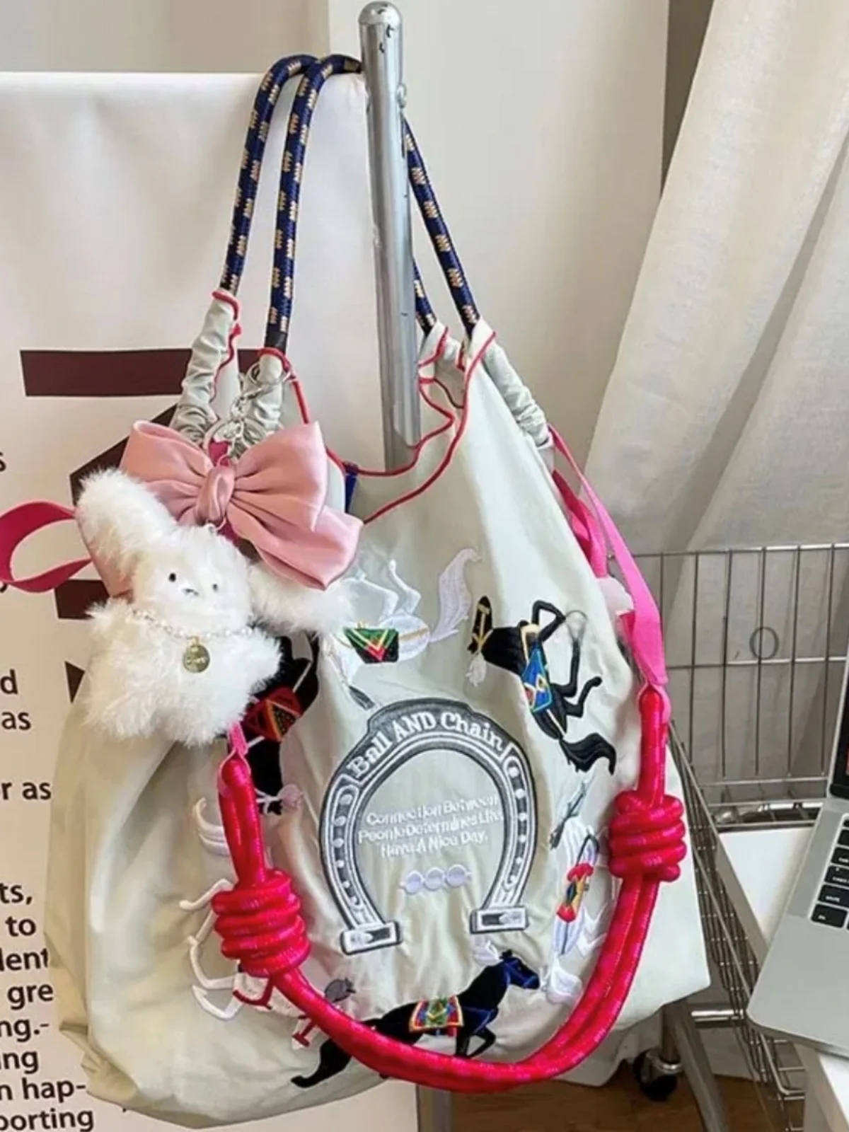 Eco-Friendly Embroidered Nylon Shopping Bag Tote Handbag Versatile Spring Summer Fashion Canvas Bag for Youth Casual Use