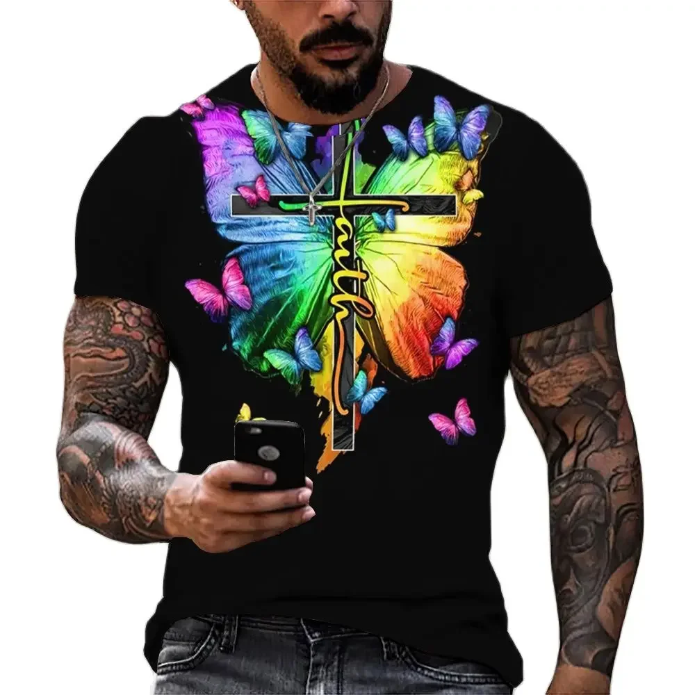 Cross Pattern Print T Shirt For Men Fashion Short Sleeve Tops Christianity Jesus Anniversary Tees Leisure O-neck Loose Pullover