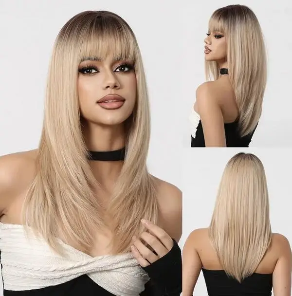 

Wig Ombre Blonde Synthetic Wig with Bangs Medium Length Straight Wig Dark Roots Heat Resistant Wig for Women Use Soft Wig