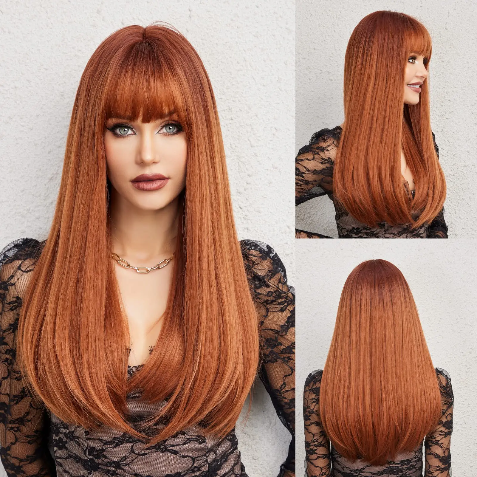 

Women's Wig with Bangs, Long Hair with Bangs, Orange Long Bob, Natural Appearance, High Temperature Resistant Synthetic Material