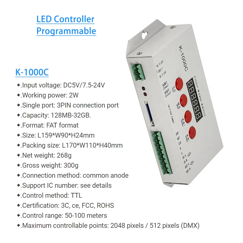 K-1000C(T-1000S Updated) Program 2048 Pixels Controller for APA102/SK6812/WS2812B/WS2813/SK9822 DC5~24V IC strip pixel light