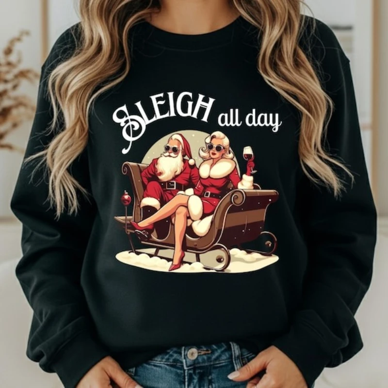 Sweter Retro z Nadrukiem Sanki na Cały Dzień, Świąteczny Sweter w Stylu Vintage, Damski Strój na Imprezę, Prezent dla Niej, Uroczy Nadruk Sanki, Miękki i Wygodny