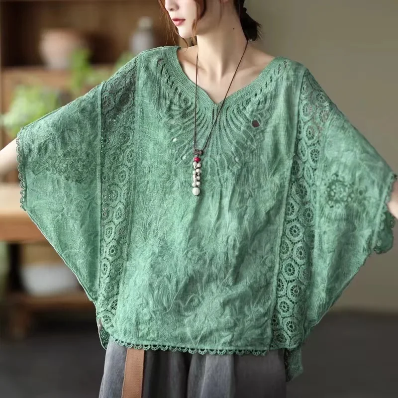 Été Faion plein coton évider chauve-souris Sve T-shirt ample femmes ort Sve couvrir haut v-ne coton T-shirt