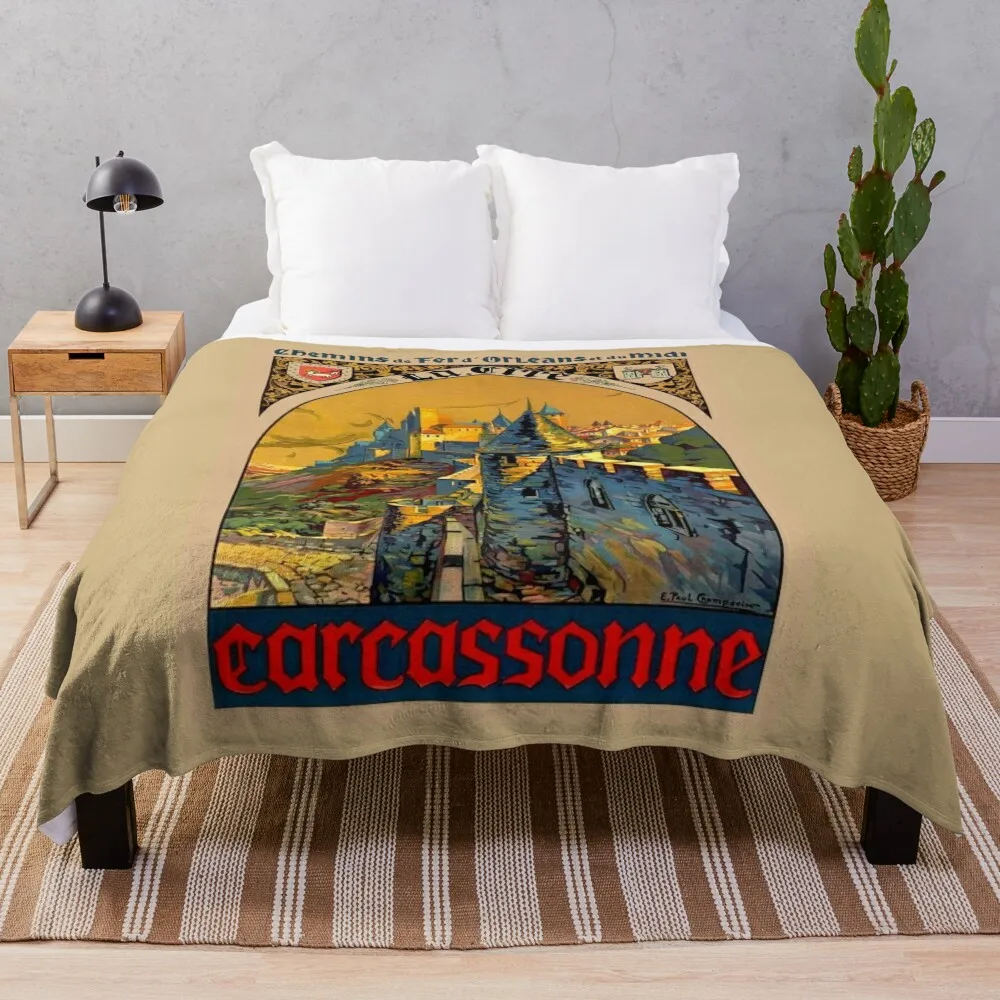 

CARCASSONNE FRANCE : Vintage Travel and Tourism Print Throw Blanket Luxury Brand for babies Moving Blankets