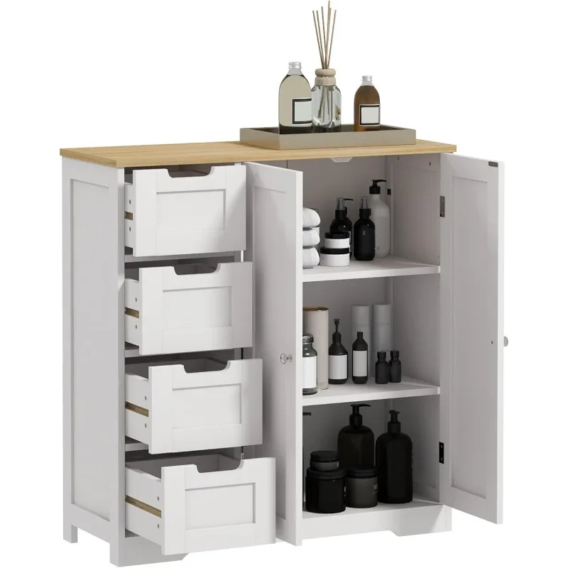 Bathroom Cabinet, Bathroom Floor Cabinet with Adjustable Shelf, Freestanding Storage Cabinet with 4 Drawers and 2 Doors, White