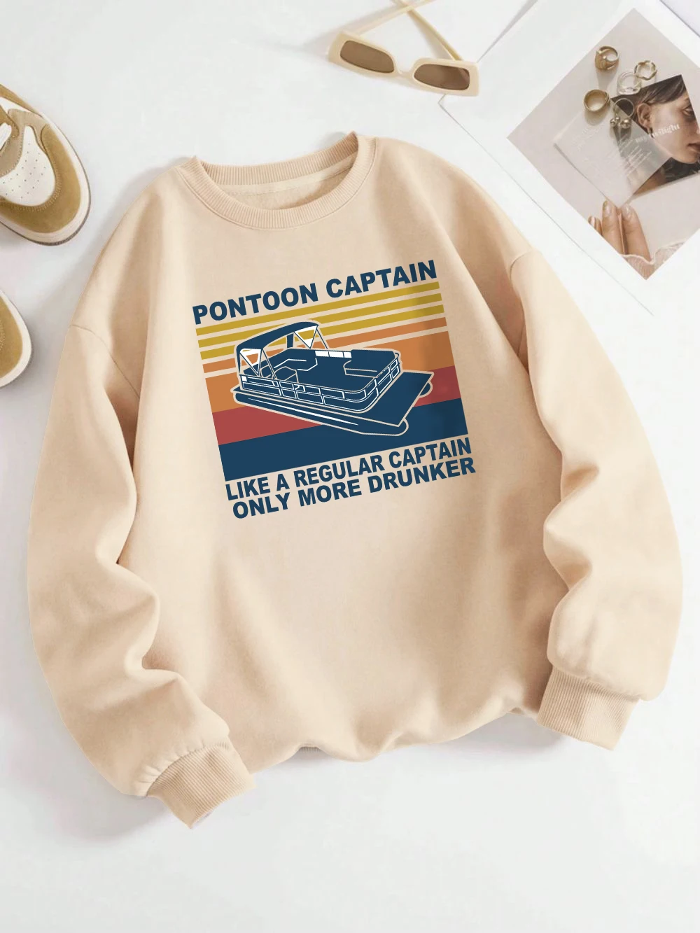 Pontoon Captain Sweatshirts Women Man Vintage Prints Hoodies Loose Fleece Warm Crewneck Clothes Winter Sporty Womans Pullover