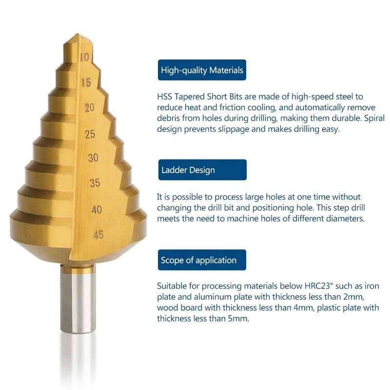 XCAN Step Cone Drill 10-45mm Wood Metal Hole Cutter Titanium Coated HSS Steel Drill Bit