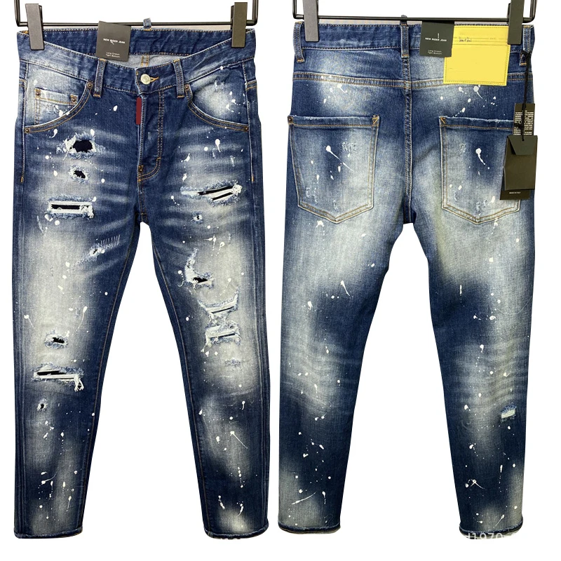 

Men's denim trousers D quadratic spray paint holes ground white small straight feet fashion jeans dsq9825