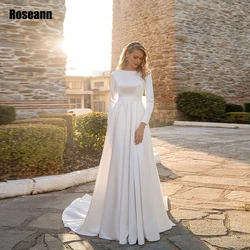 Vestidos de novia de satén de alta calidad para mujer, cuello redondo, mangas completas, botones en la espalda con lazo, 2024