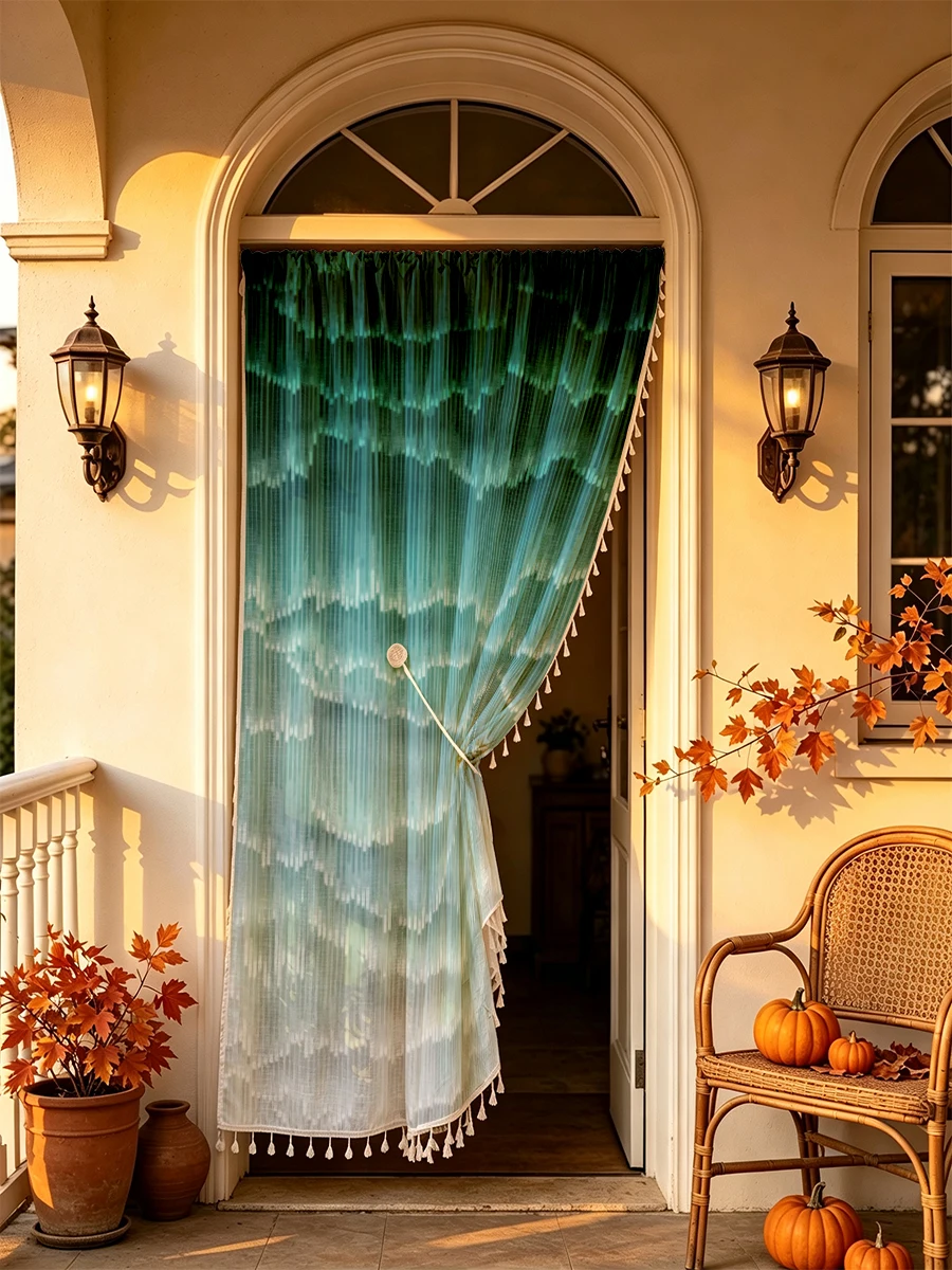 1PC Abstract Tassel Sheer Curtains, Teal Green Ombre Mountain, Digital Print, Polyester, Bedroom Living Room, Home Decor