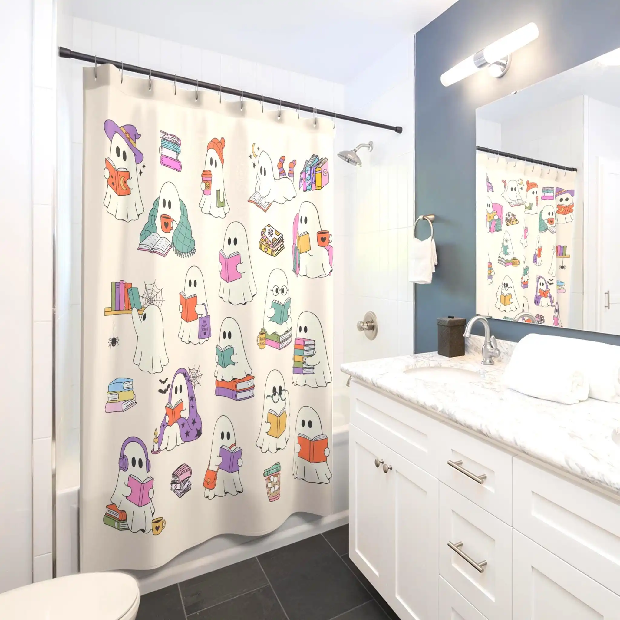 Cute Ghost Book Lover Shower Curtain Bathroom Decor Novelty Ghost Reading Books Shower Curtain