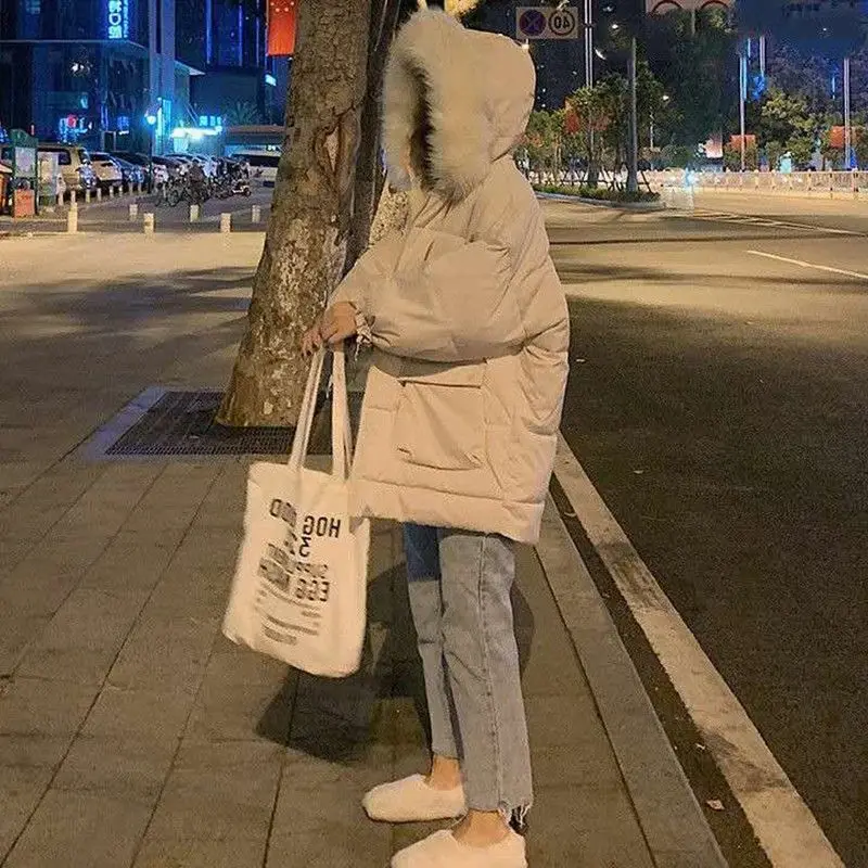 Nova jaqueta de inverno, jaqueta de algodão feminina de médio a longo, roupa de estudante solta, jaqueta de algodão com gola de pele grande