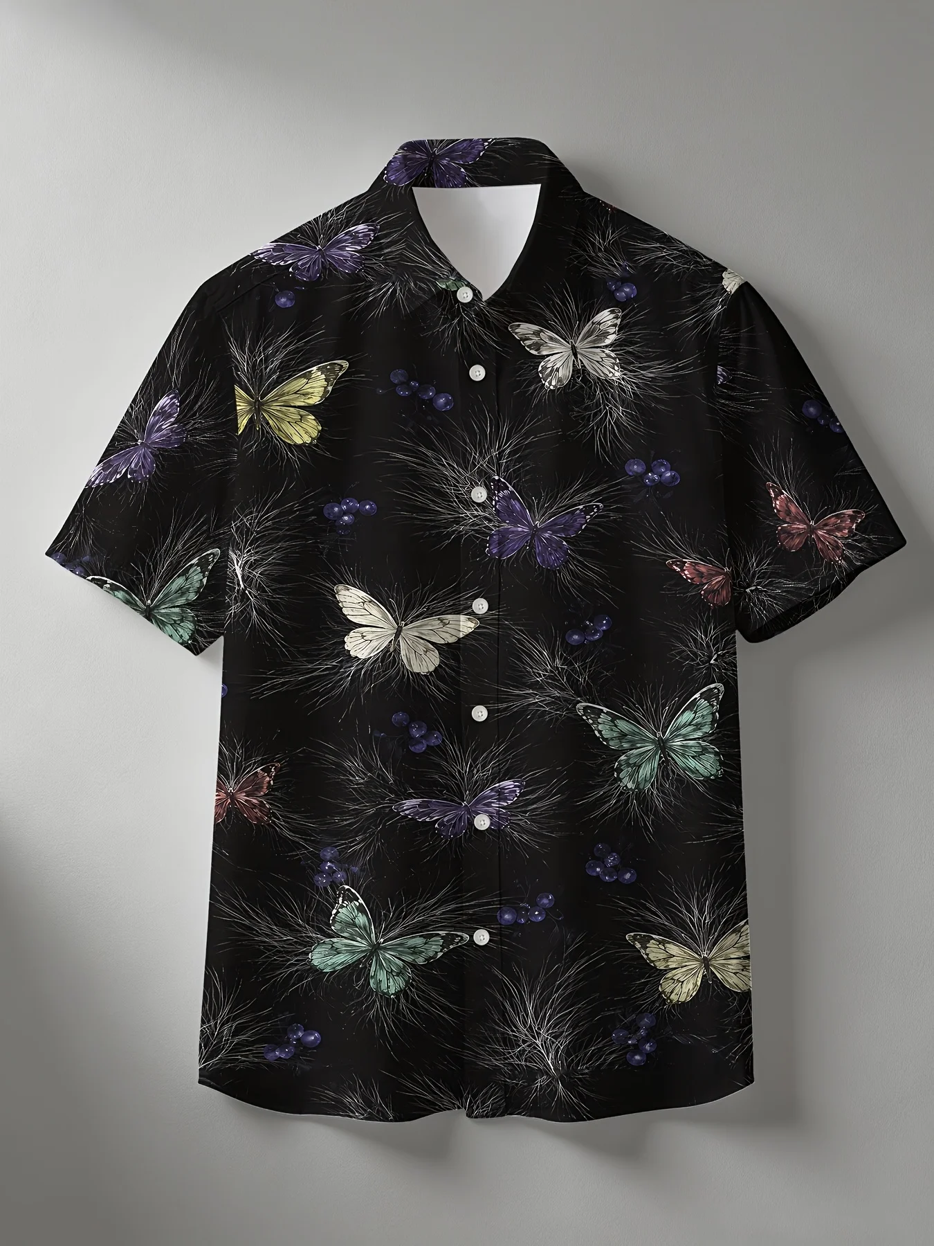 Men Short Sleeve Shirt Black Base Colorful Vintage Butterfly Print Turn‑Down Collar Hawaiian Casual Tops