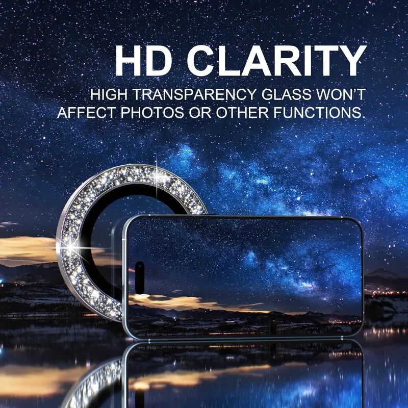For iPhone 15 Pro Max Glitter Diamond Metal Camera Lens Protector Ring with Tempered Glass for iPhone 15 Pro/15 Plus Lens Cap