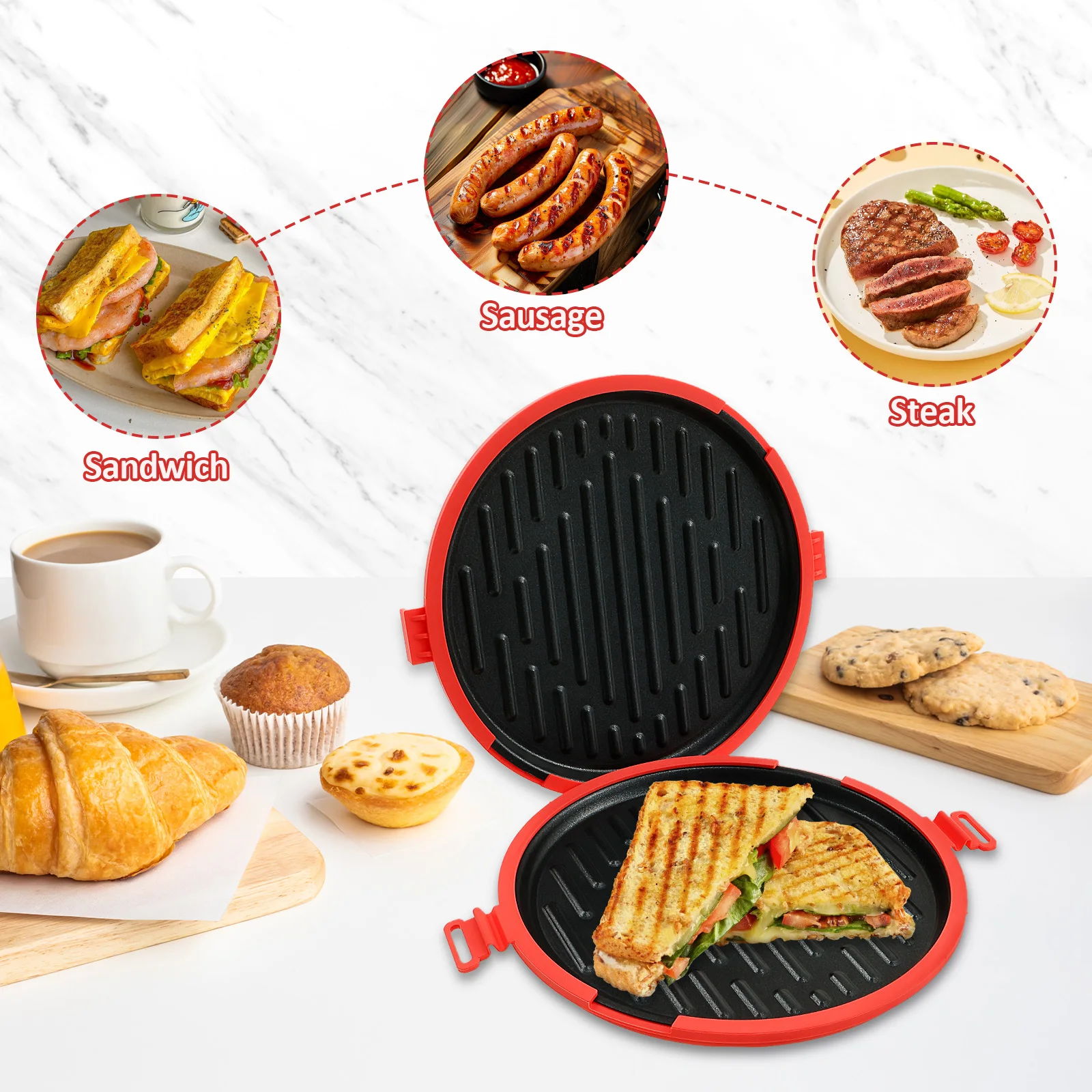 Bandeja de cozimento de bolo de sanduíche, assadeira elétrica de café da manhã doméstico, mini máquina multifuncional totalmente automática de biscoitos de waffle