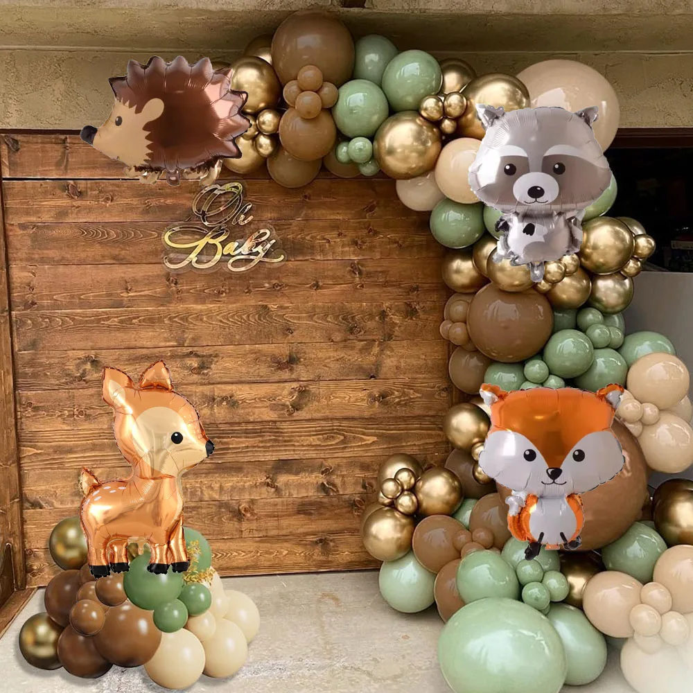 

129pcs Woodland Animals Balloon Garland Arch Kit Green Brown Balloons for Neutral Forest Animal Baby Shower Party Decorations