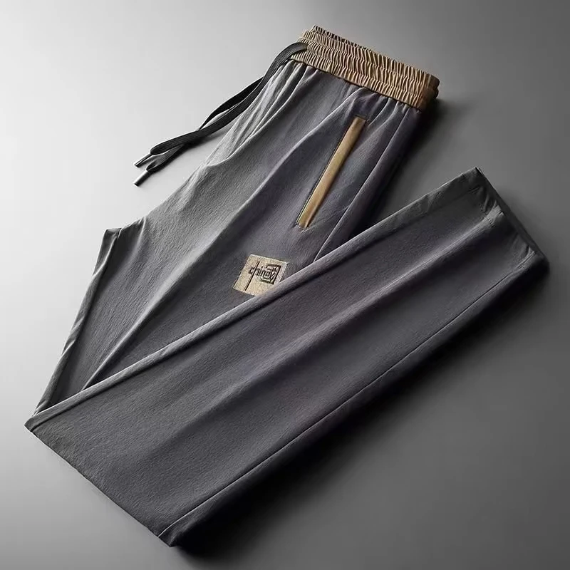 Summer lightweight Korean style trendy ice silk straight tube loose Chinese style elastic quick drying sports work pants