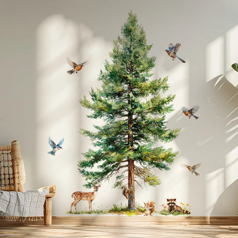Forest Animals Wall Stickers Bigger Pine Tree Cute Fox Deer Squirrel Bird Vinyl Decals for Home Nursery Room Decor DIY Art Mural