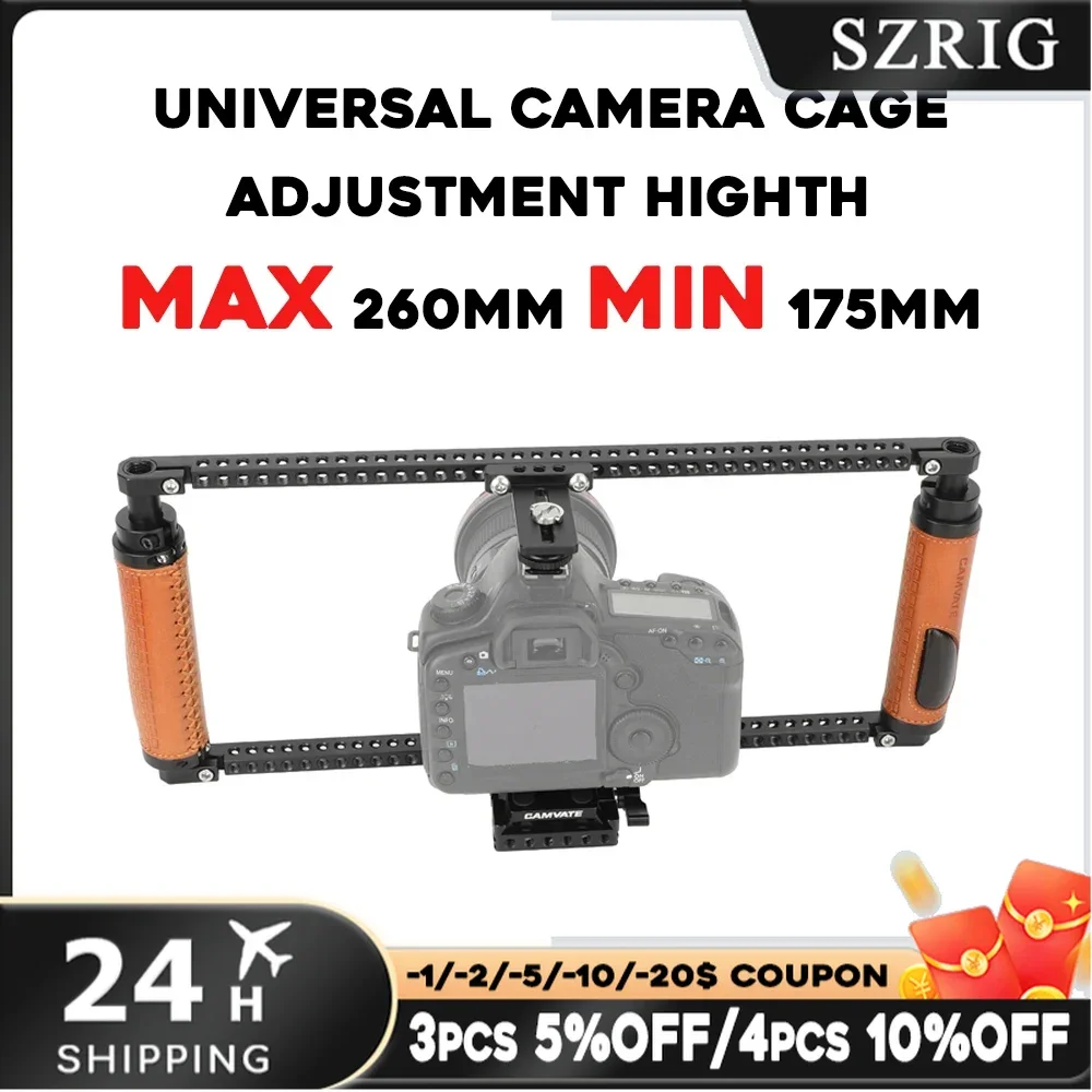 SZRIG Universal Camera Cage with Adjustable Height Leather Handle & Quick Release Manfrotto Plate for Sony Nikon Canon ﻿