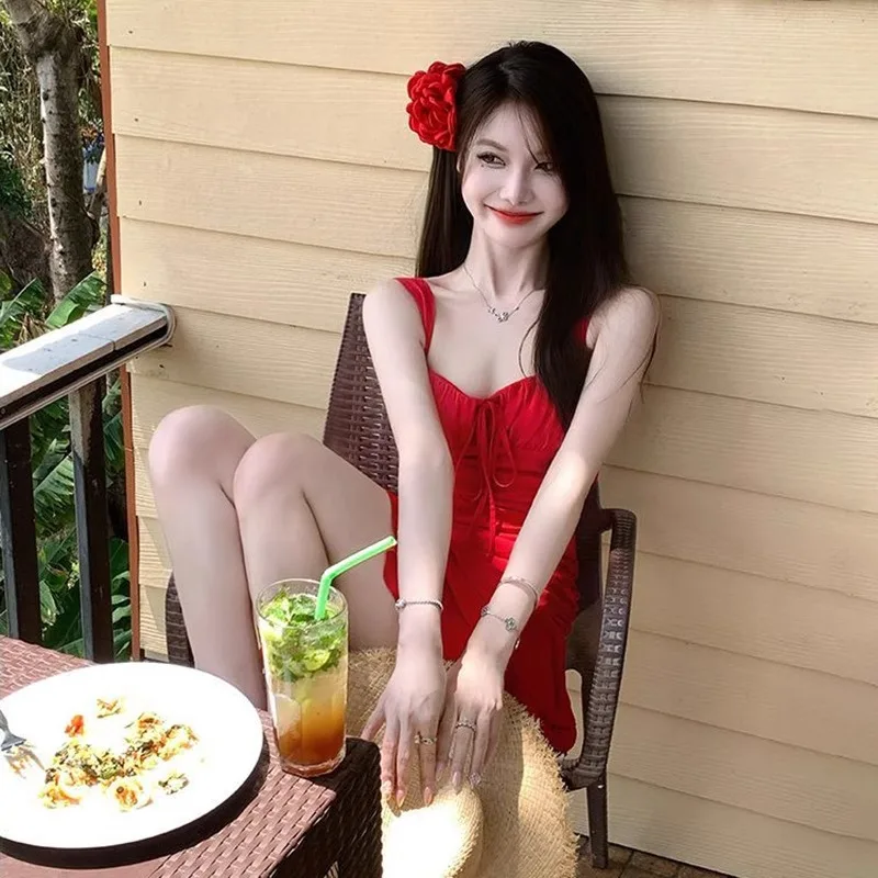 2025 new swimsuit women's summer white beach vacation red skirt dress style hot spring swimsuit