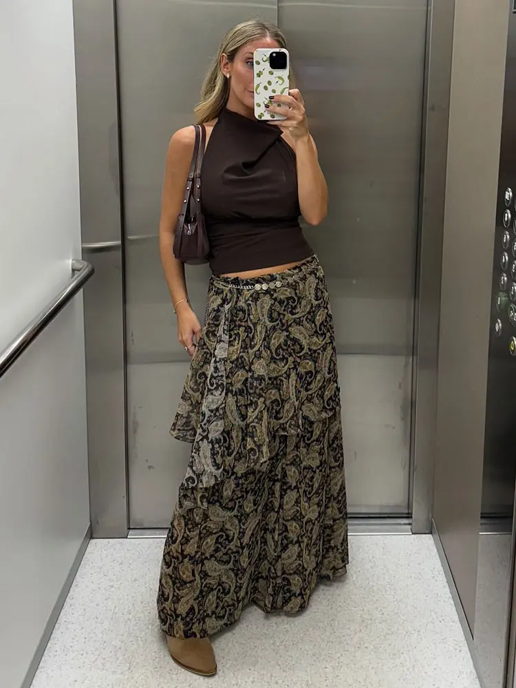 HH Women's 2025 Autumn Paisley Print Skirt A-line Version High-waist Pleated Design Side Zipper Midi Skirt Female Retro Skirts