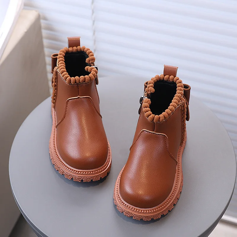 Autumn Girls Ankle Boots with Back Bow-knot Kids Short Boots Soft Sole 2026 New Girls' Princess Leather Boots with Side Zip