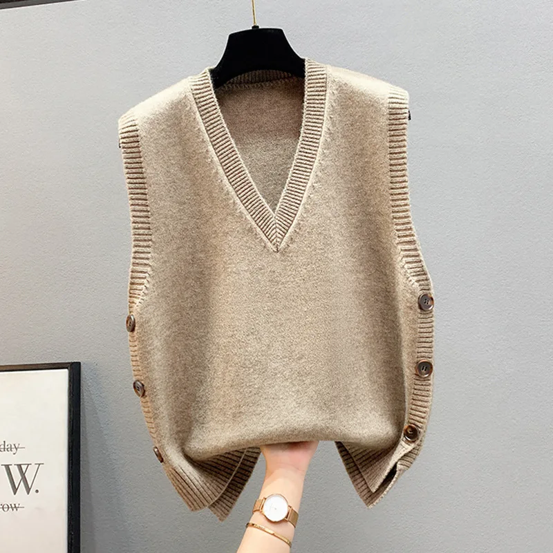 Autumn Winter Solid Color V-neck Knit Vest Women Loose Lazy Style Sleeveless Tank Top Student Waistcoat Clothing Accessories