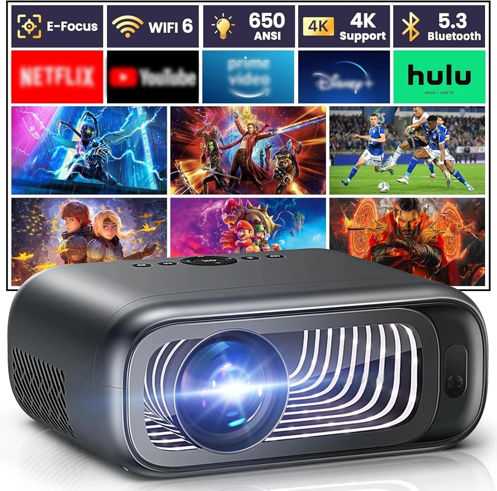 WZATCO Nowy projektor P4 Full HD 1080P Max 300 cali z obsługą 4K Smart LED Proyector WiFi 6 Bluetooth Projektor filmowy Auto Keystone