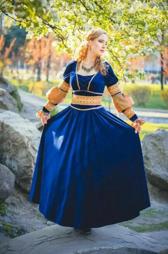 King Blue Velvet Renaissance Italian Long Prom Gown with Sleeve Gold Applique Corset Italy Medieval Ren faire Formal Dress