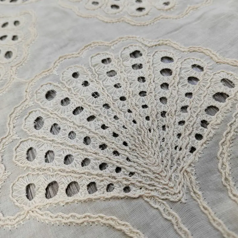 1 yard 100% cotton embroidery lace fabric eyelect hole embroideried clothing for woman apparel ivory with shell pattern fanshape