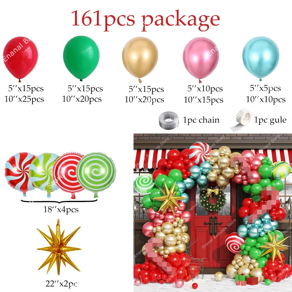 Christmas Balloon Arch Green Gold Red Candy Cane Balloon Garland Cone Explosion Star Foil Balloon New Year Christmas Party Decor