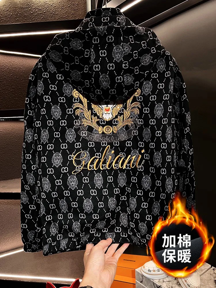 

Мужская осенне-зимняя куртка из высококачественного европейского хлопка с капюшоном, роскошная повседневная вышитая теплая верхняя одежда приталенного кроя с длинными рукавами