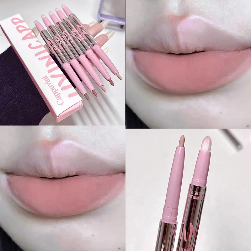 Delineador de labios mate desnudo con pincel de labios, maquillaje de labios de estilo coreano, Natural, rosa desnudo, resistente al agua, maquillaje de contorno de labios de terciopelo de larga duración