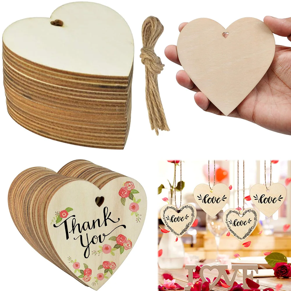 10/20/60Pcs Wood Heart Slices Unfinished DIY Crafts Wooden Blank Heart Slices with Natural Twine for Christmas Wedding Decor