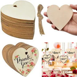 10/20/60Pcs Wood Heart Slices Unfinished DIY Crafts Wooden Blank Heart Slices with Natural Twine for Christmas Wedding Decor