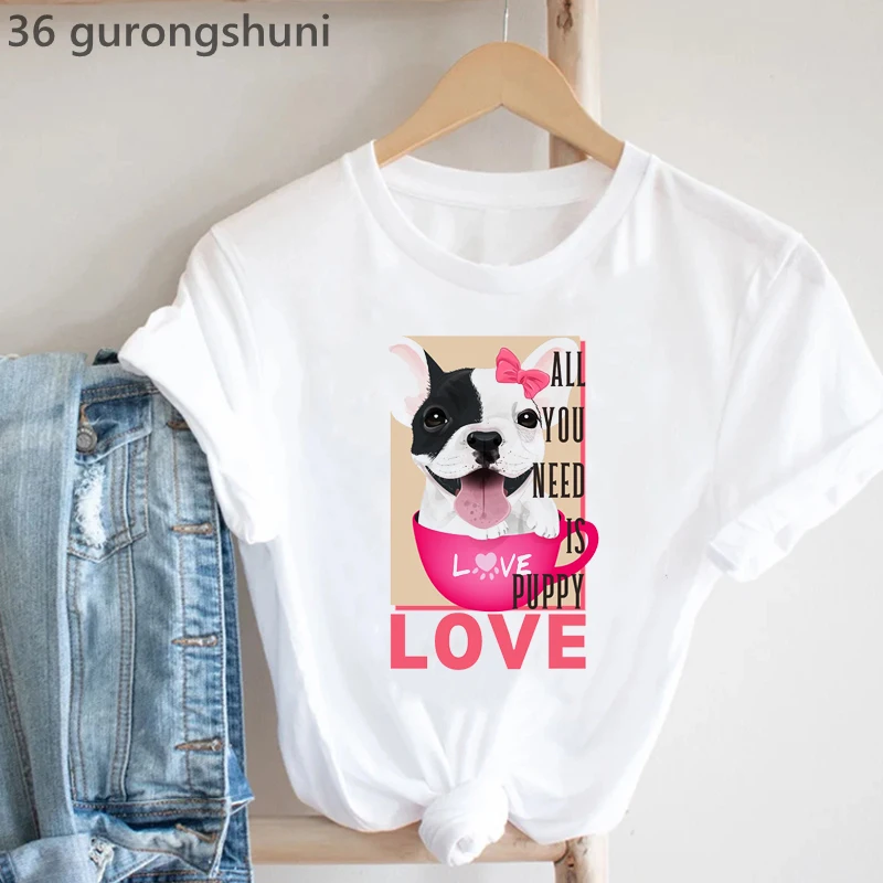 Frenchies In Liebe Tier Druck T-Shirt Frauen Kleidung Französisch Bulldog T-shirt Femme Harajuku Kawaii Kleidung Hund Liebhaber T Hemd