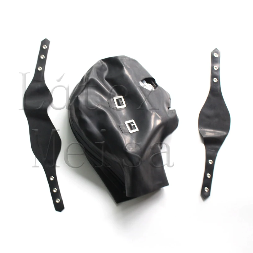 

Handmade latex adult black hoods attached eyes and mouth cover with back zip